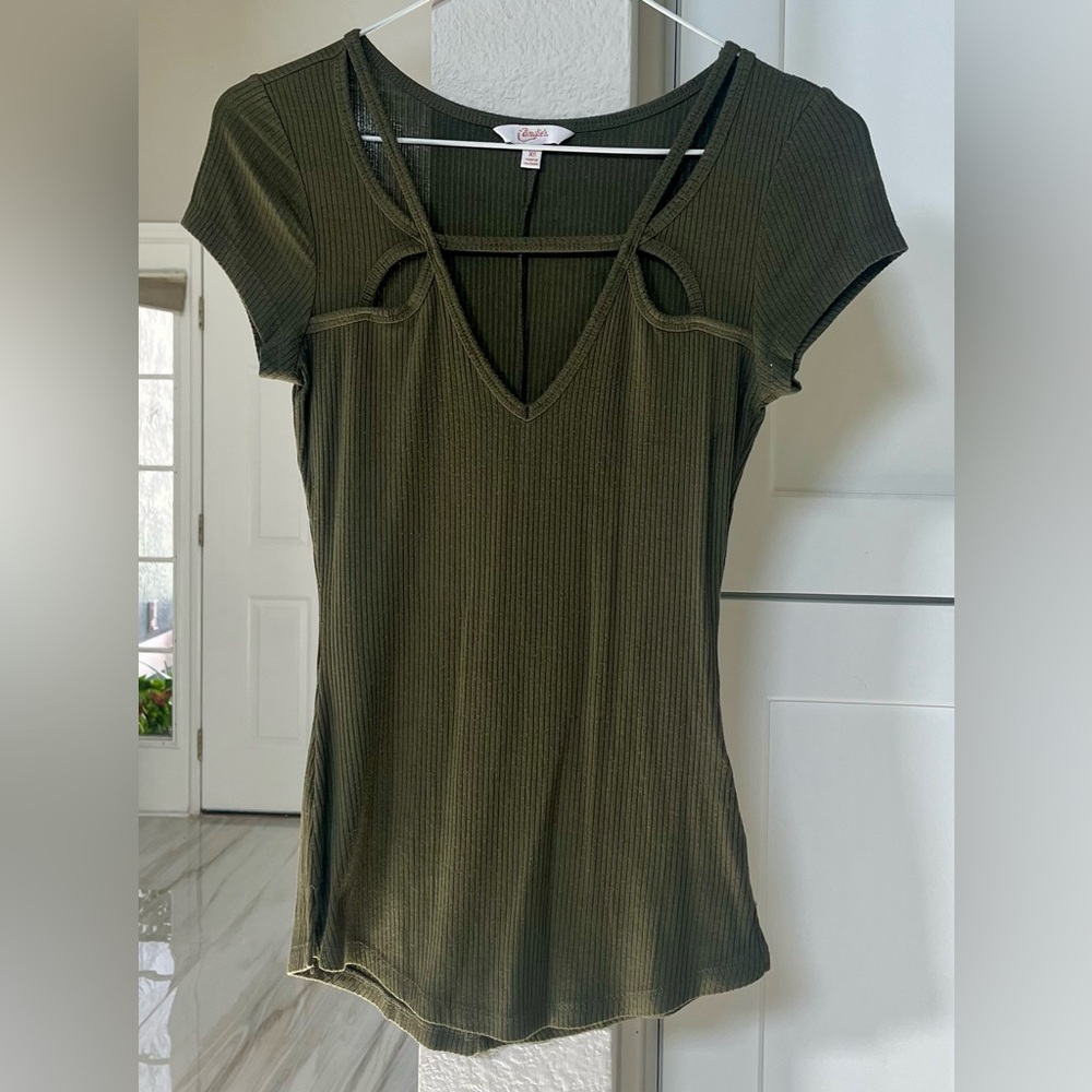 Women’s Olive Green Fitted Cut Out Super Soft n Stretchy Top Size XS